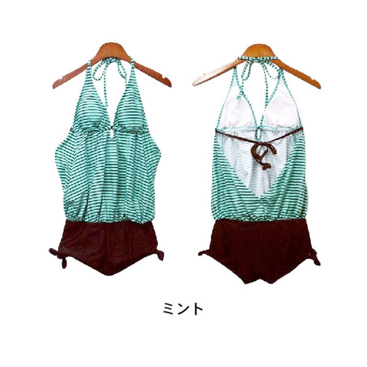 ミントカラーボーダー背中開き連体水着オールインワン水着 | terracotta | 詳細画像3 