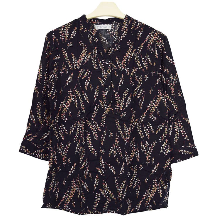 ２．木の実柄ブラック | シャツ ブラウス 七分袖 | terracotta