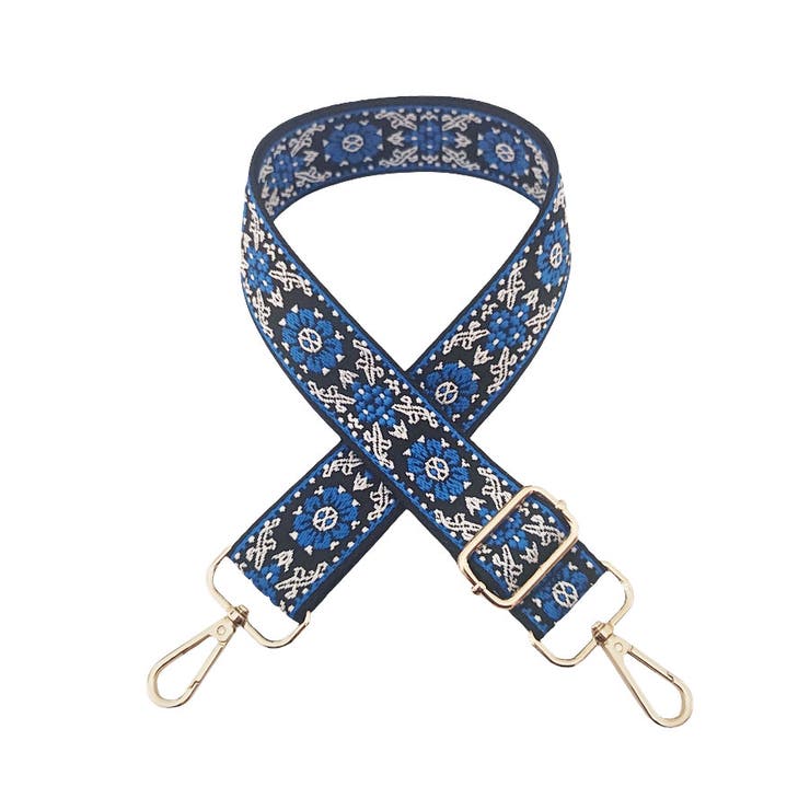 ３．ブラック×ブルー小花 | ショルダーストラップ バッグ用 太め | terracotta