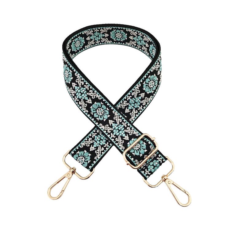 １２．ブラック×水色小花 | ショルダーストラップ バッグ用 太め | terracotta