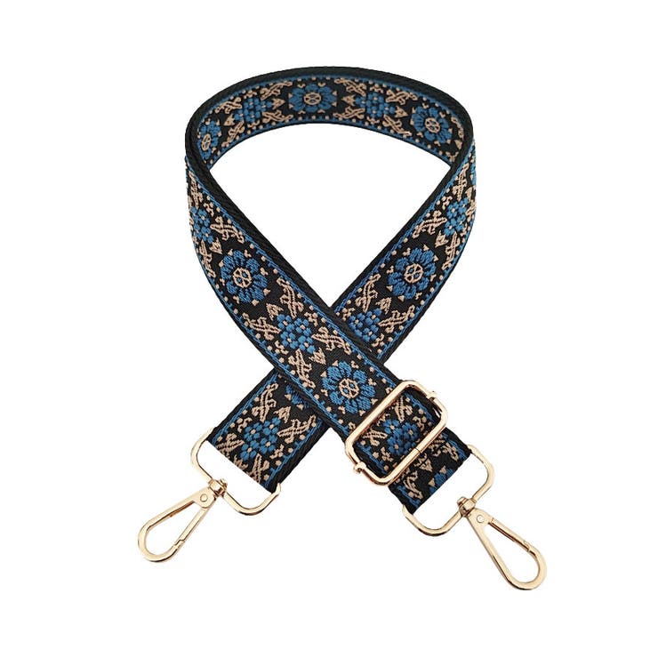 １３．ブラック×青ベージュ小花 | ショルダーストラップ バッグ用 太め | terracotta