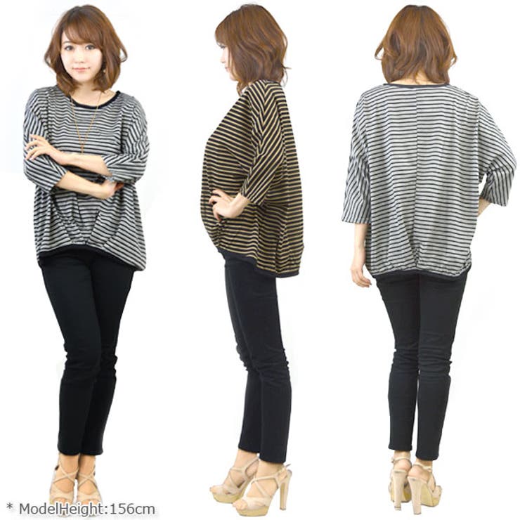 タックライン入り 七分袖ドルマンスリーブ 細ボーダー柄チュニックT