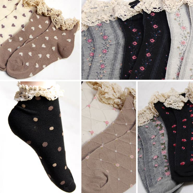 森ガールクルーソックス♪縁レースフリル付き水玉花柄ハートドットショートソックス靴… | terracotta | 詳細画像2 
