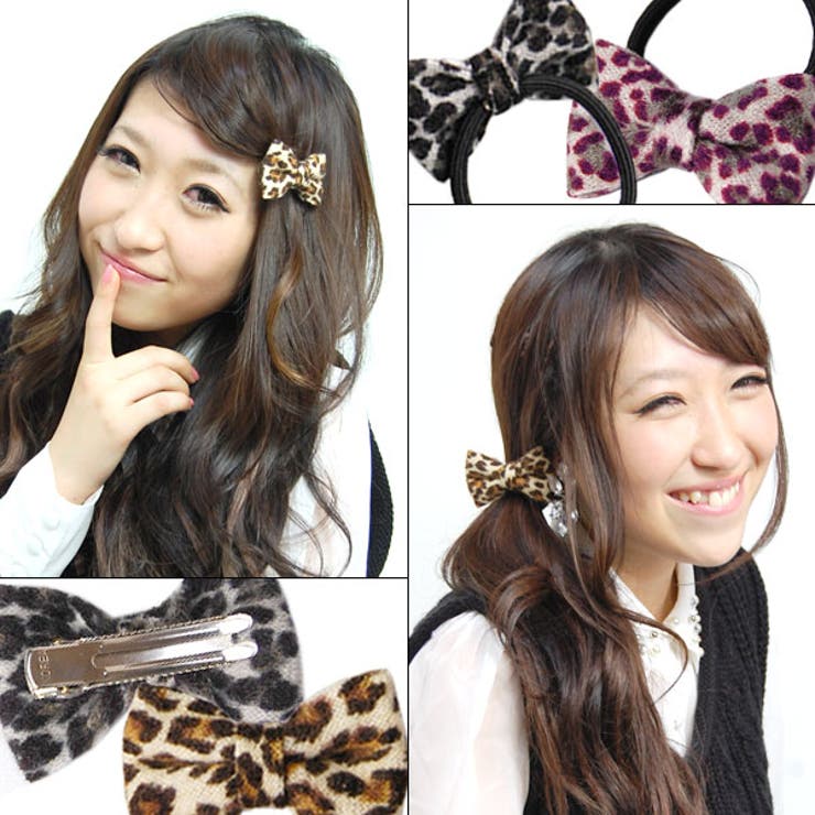 ニット素材ヒョウ柄リボン付きヘアゴム＆ヘアピン2TYPE