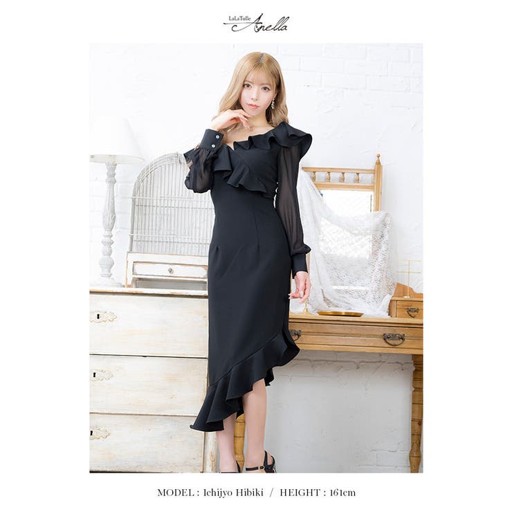 フリルアシンメトリーシアースリーブミディアムドレス 韓国ドレス エレガントドレス | Tika | 詳細画像5 