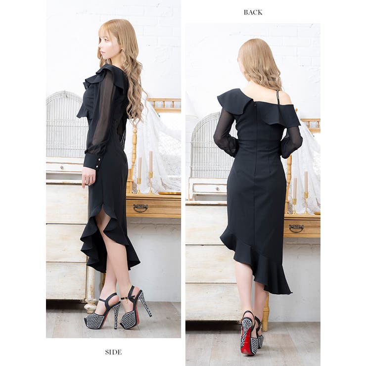 フリルアシンメトリーシアースリーブミディアムドレス 韓国ドレス エレガントドレス | Tika | 詳細画像6 