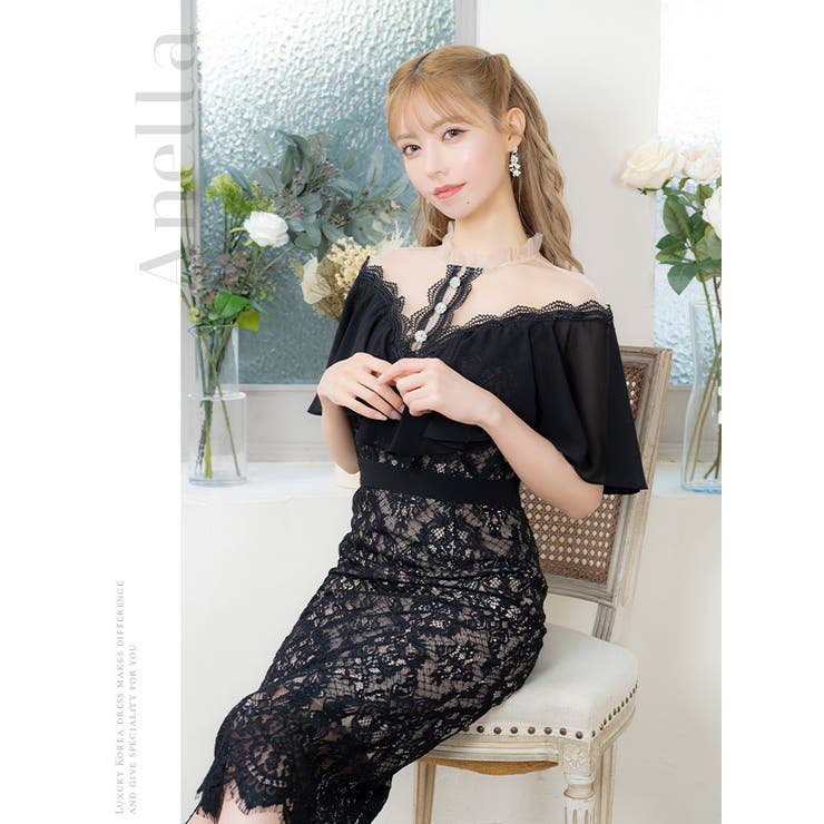総レース×シアーフリルハイウエスト切替ミディアムドレス 韓国ドレス