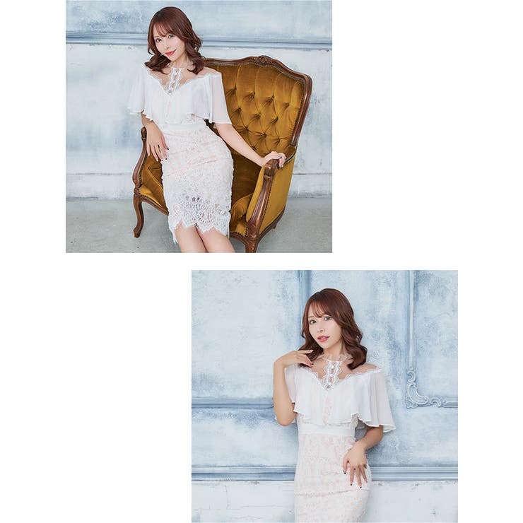 総レース×シアーフリルハイウエスト切替ミディアムドレス 韓国ドレス エレガントド… | Tika | 詳細画像3 