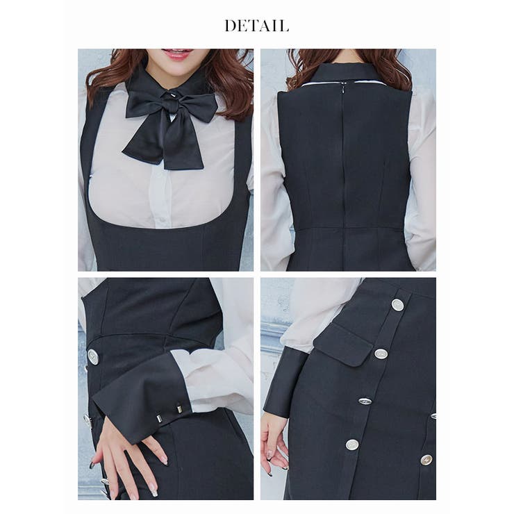 モノトーンネックリボンブラウス×ミディアムサロペットドレス 韓国ドレス [品番：XK000013023]｜Tika（ティカ）のレディースファッション通販｜SHOPLIST（ショップリスト）