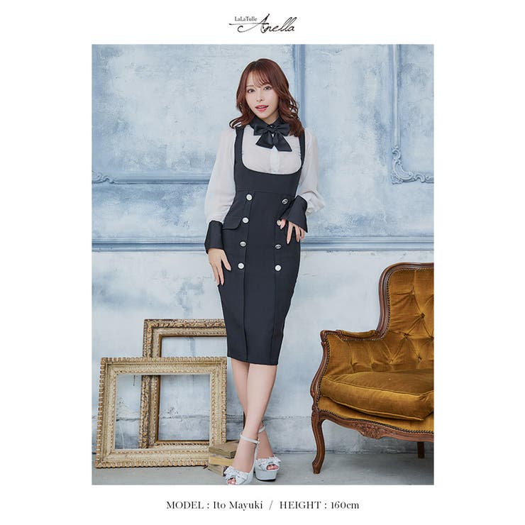 モノトーンネックリボンブラウス×ミディアムサロペットドレス 韓国ドレス [品番：XK000013023]｜Tika（ティカ）のレディースファッション通販｜SHOPLIST（ショップリスト）