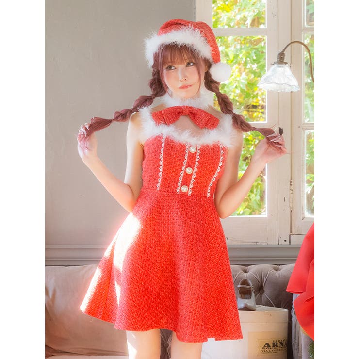 ツイード×ファー付きフレアリボンサンタコスチューム ガーリーサンタ ネックリボン | Tika | 詳細画像1 