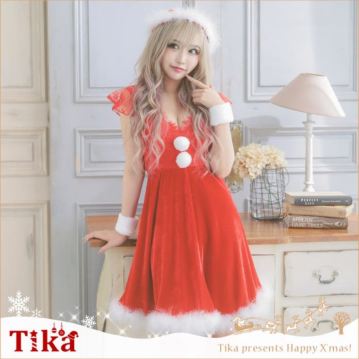 フリルレースVネックAラインサンタコスチューム サンタコスプレ ガーリーサンタ | Tika | 詳細画像1 