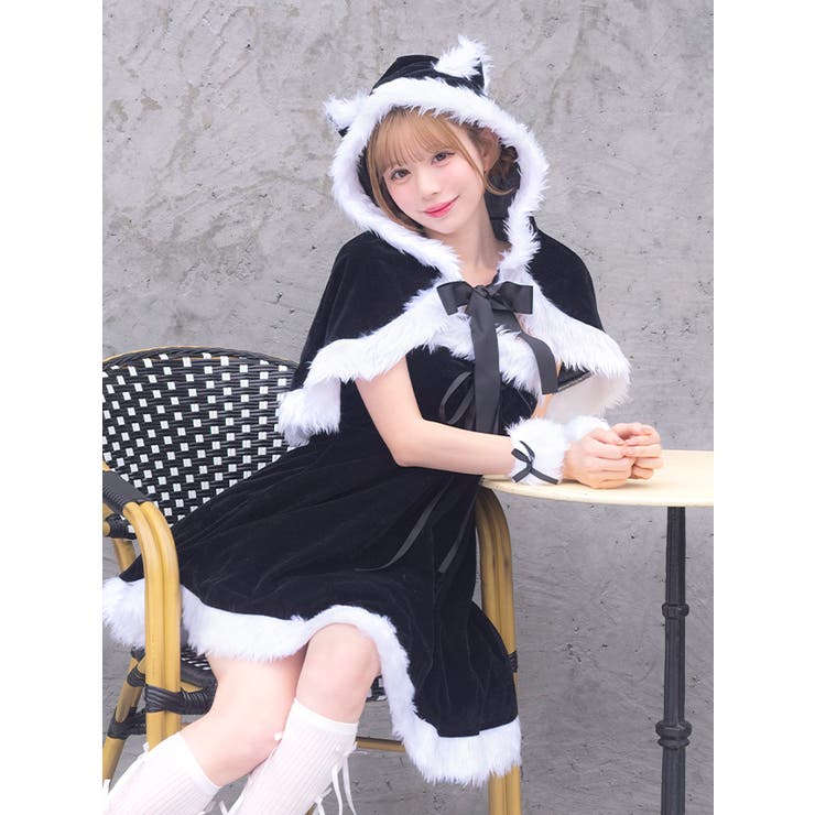 ねこ耳フードケープ付きAラインサンタコスチューム サンタコスプレ