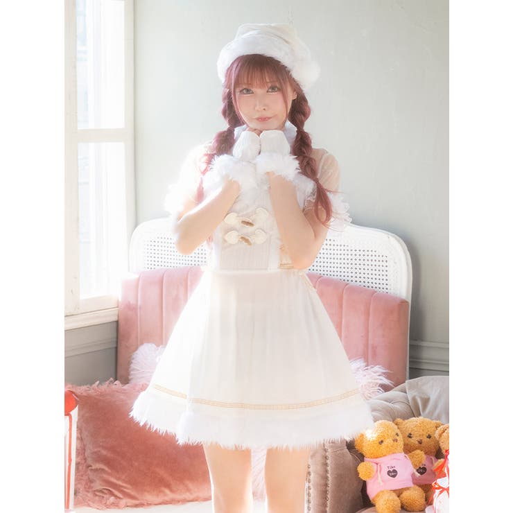 アイボリーサンタ風ワンピース×帽子 グローブ付き3点セット ガーリーサンタ | Tika | 詳細画像2 