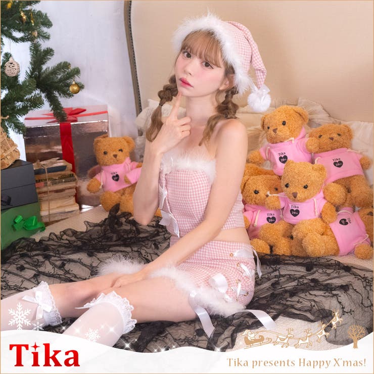 リボン×レースアップ付きピンクサンタコスチューム ガーリーサンタ セットアップ | Tika | 詳細画像1 
