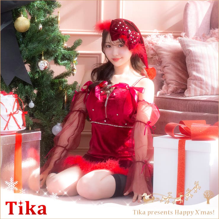 フェザー裾×レッドシアー袖のリボン付きサンタコスチューム セクシーサンタ ガーリー | Tika | 詳細画像1 