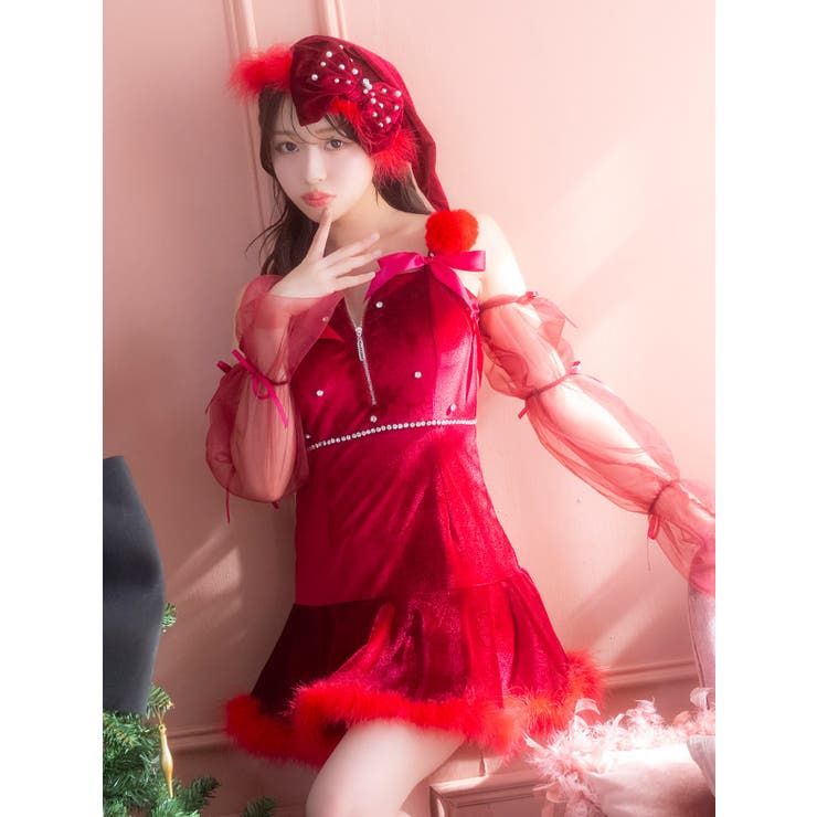 フェザー裾×レッドシアー袖のリボン付きサンタコスチューム セクシーサンタ ガーリー | Tika | 詳細画像2 