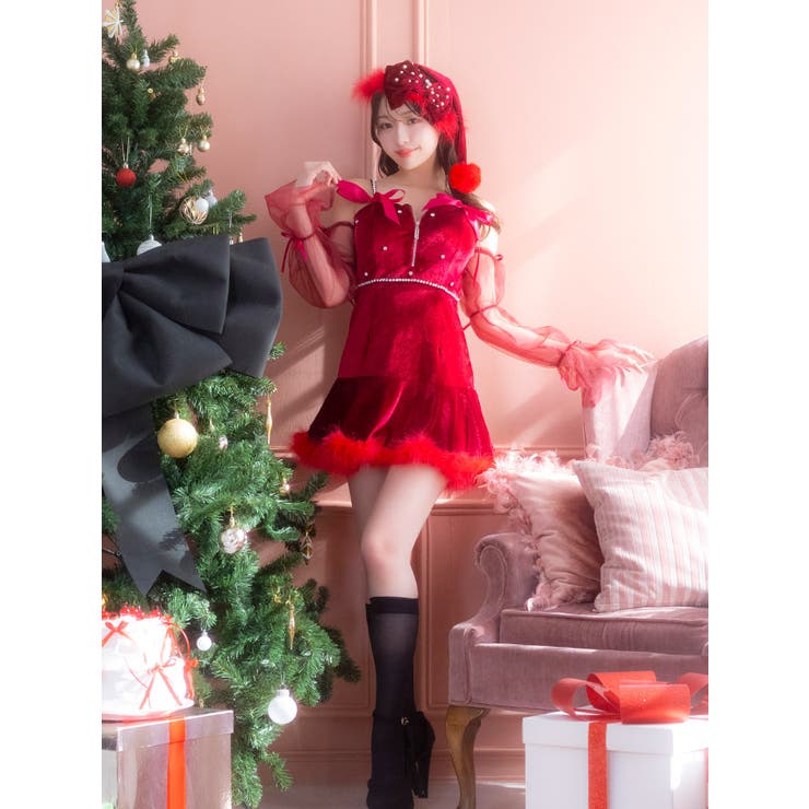 フェザー裾×レッドシアー袖のリボン付きサンタコスチューム セクシーサンタ ガーリー | Tika | 詳細画像3 