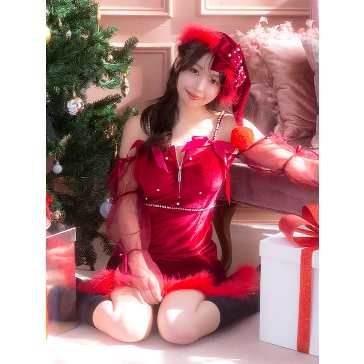 フェザー裾×レッドシアー袖のリボン付きサンタコスチューム セクシーサンタ ガーリー | Tika | 詳細画像4 