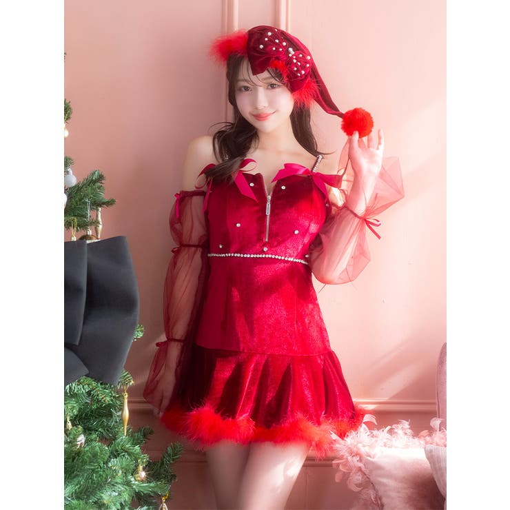 フェザー裾×レッドシアー袖のリボン付きサンタコスチューム セクシーサンタ ガーリー | Tika | 詳細画像5 