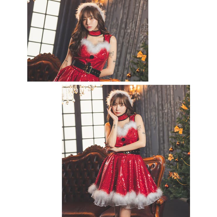 ウエストマークベルト付き総スパンコールフレアサンタコスチューム