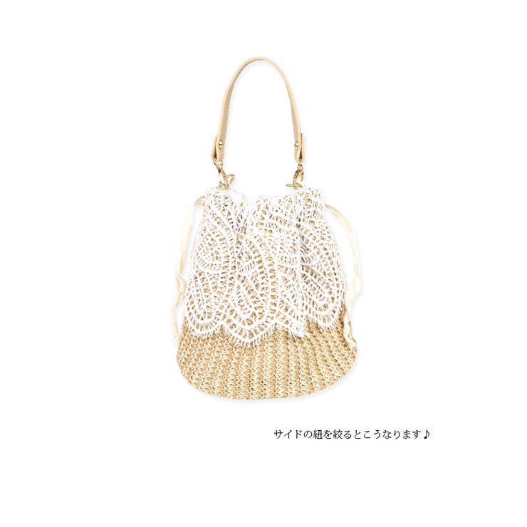 巾着かごバッグレーススイムウェア小物ハンドバッグショルダーバッグ花柄リーフ柄ベージュホワイトナチュラルバッグゆんころKARENTikaティカ