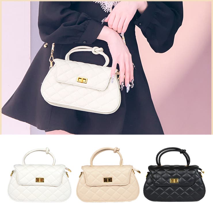 ホワイト | ラウンドレザー調キルティング結びハンドル2wayミニバッグ カジュアルバッグ | Tika