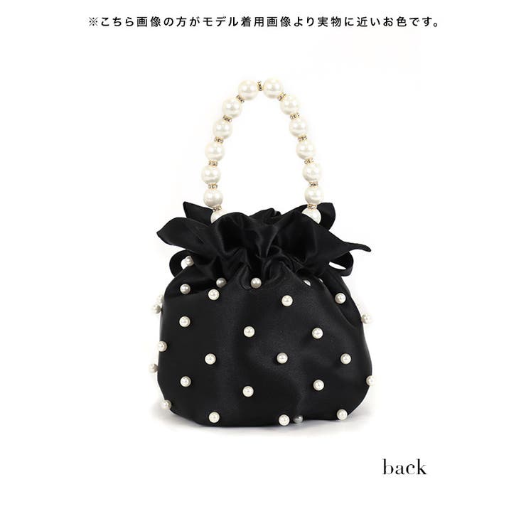 サテン巾着散りばめパール×ハンドル2WAYバッグハンドバッグショルダーバッグ浴衣バッグ巾着バッグパーティーバッグブラックホワイトモノトーンTikaティカ