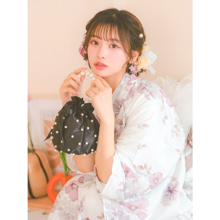 サテン巾着散りばめパール×ハンドル2WAYバッグハンドバッグショルダーバッグ浴衣バッグ巾着バッグパーティーバッグブラックホワイトモノトーンTikaティカ