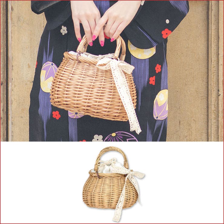 ベージュ/ラウンド型 | レースリボン付きラウンド巾着かごバッグ 浴衣バッグ 浴衣小物 | Tika