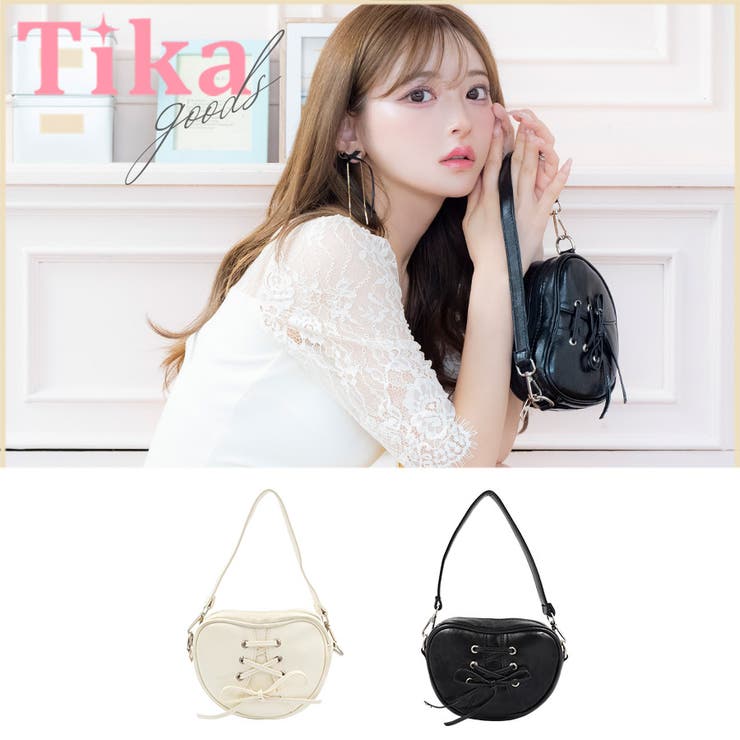 ブラック | ハートモチーフレースアップ2WAYミニバッグ 韓国バッグ ガーリーバッグ | Tika