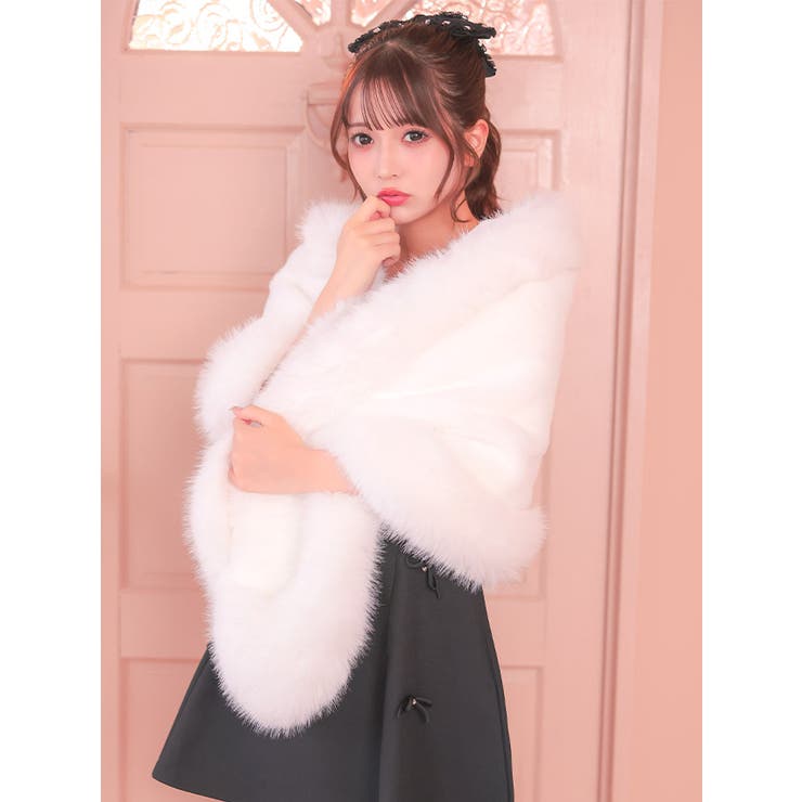 フェイクファー付き大判ショール アウター 羽織[品番：XK000010283