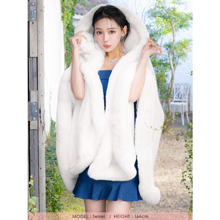 フード付きフェイクファーロングショール アウター 大判ショール | Tika | 詳細画像4 