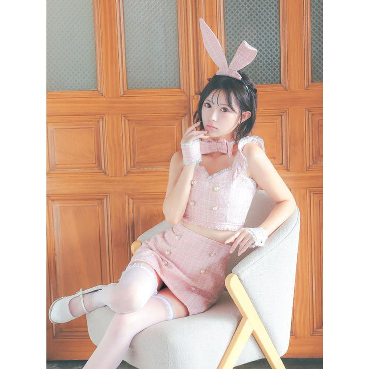 Tika ツイード バニーガール コスプレ 黒 Mサイズ 6点セット ツイード×セットアップバニーガールコスチューム ハロウィン