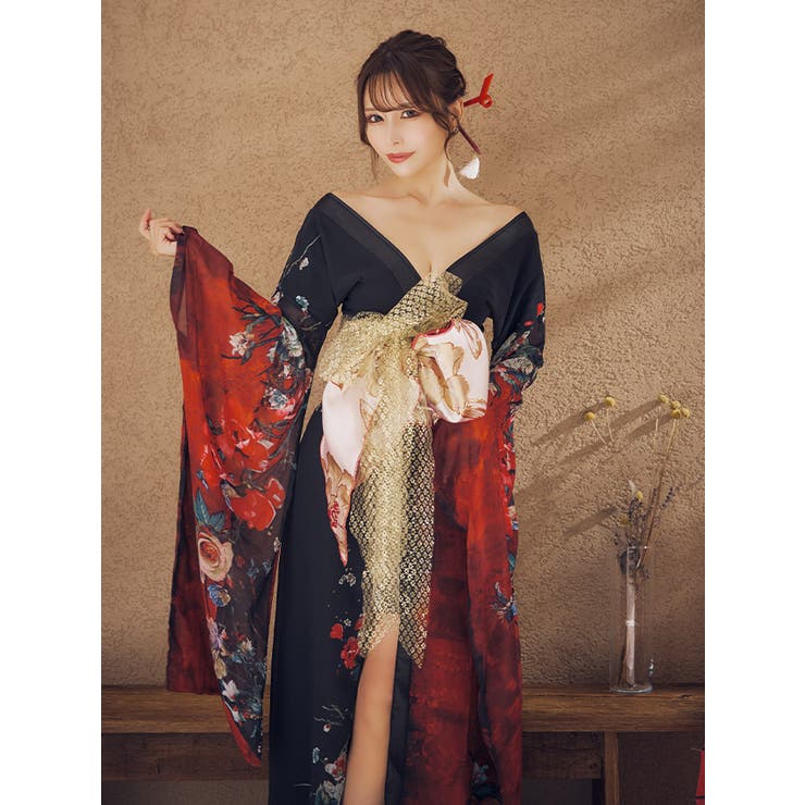 華やかフラワープリントバックシャン花魁コスチューム ハロウィンコスプレ セクシー 和コスプレ お正月コスプレ 賀正 和装 ロングドレス キャバドレス キャバ ドレス 露出少なめ S-Lサイズ ブラック レッド 伊藤舞雪 Tika ティカ
