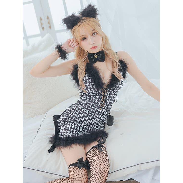 バストレースアップ×千鳥格子柄キャットガールコスチューム ハロウィンコスプレ セ… | Tika | 詳細画像4 