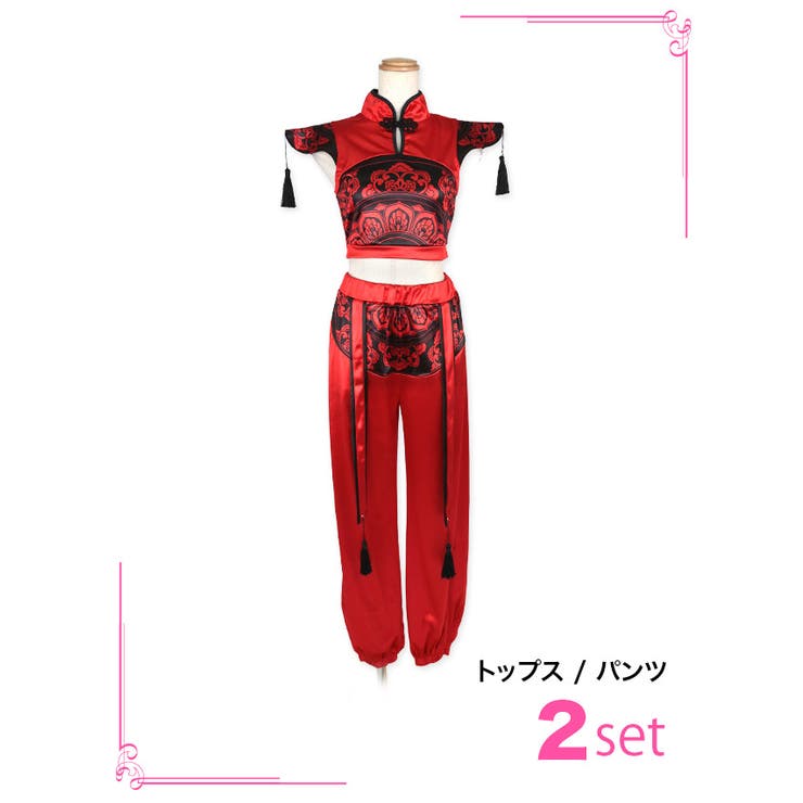 コスプレカンフーコスプレチャイナハイネックカットアウトへそ出しタッセルトップスパンツ2点セットMサイズレッド中華服クール大人可愛いTikaティカ久保七瀬