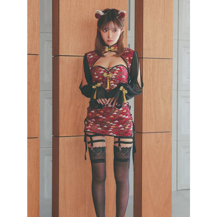 サイドカットレースアップ鬼×チャイナドレスコスチューム[品番