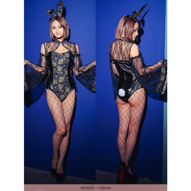 サイドカットレースアップレザーレオタードバニーガールコスチューム