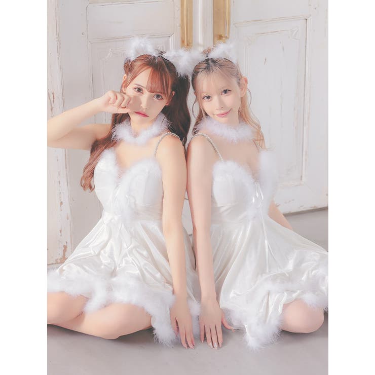 【中古】 縁取りファー×Aラインホワイトキャットガールコスチューム ファッション雑貨