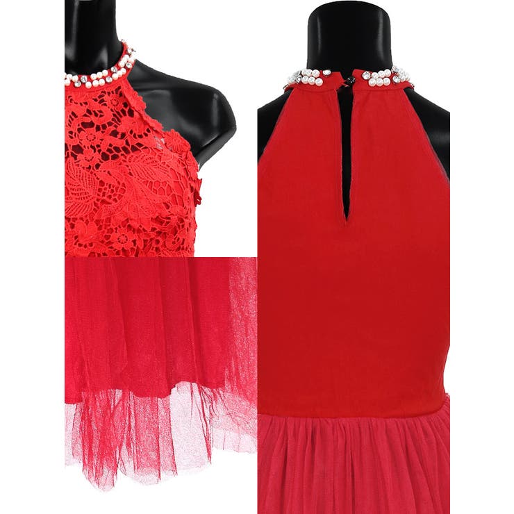 シフォン×レースアメリカンスリーブロングドレス ハイネック ウエストマーク | Tika | 詳細画像12 