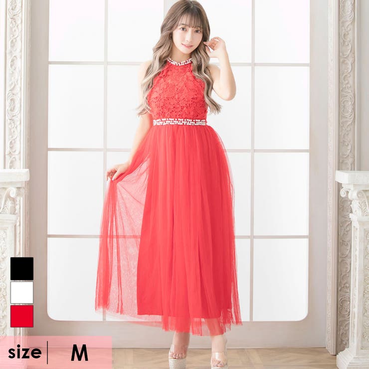 レッド | シフォン×レースアメリカンスリーブロングドレス ハイネック ウエストマーク | Tika