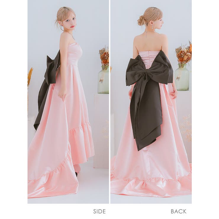 バックビッグリボンワンカラーベアロングテールドレス