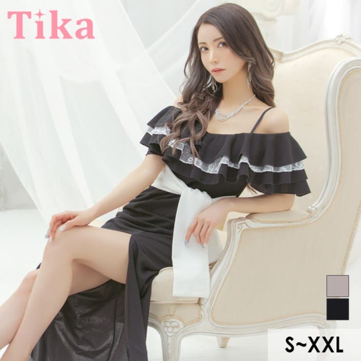 ブラック | 配色フリルオフショルスリットタイトロングドレス ガーリードレス セクシー | Tika