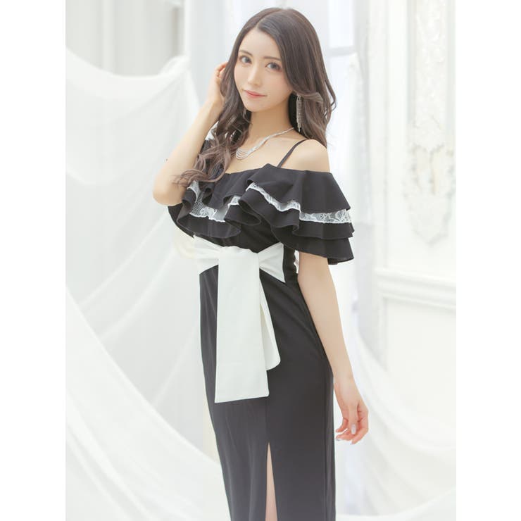 配色フリルオフショルスリットタイトロングドレス ガーリードレス セクシー | Tika | 詳細画像4 