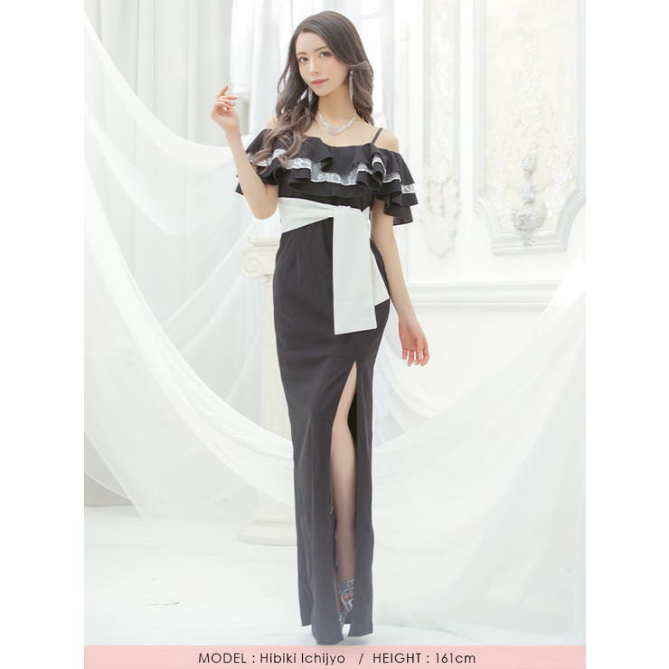 配色フリルオフショルスリットタイトロングドレス ガーリードレス セクシー | Tika | 詳細画像5 