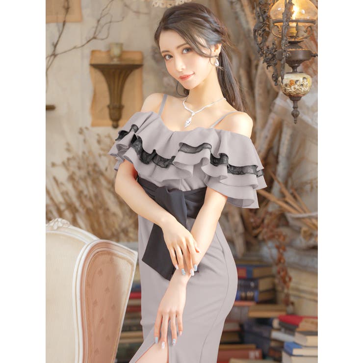 配色フリルオフショルスリットタイトロングドレス ガーリードレス セクシー | Tika | 詳細画像7 