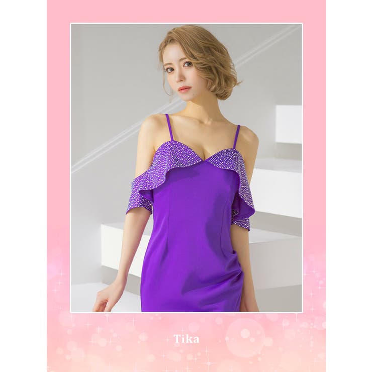 袖なしベアトップセクシースリットタイトドレス 紫 パープル無地 - ドレス