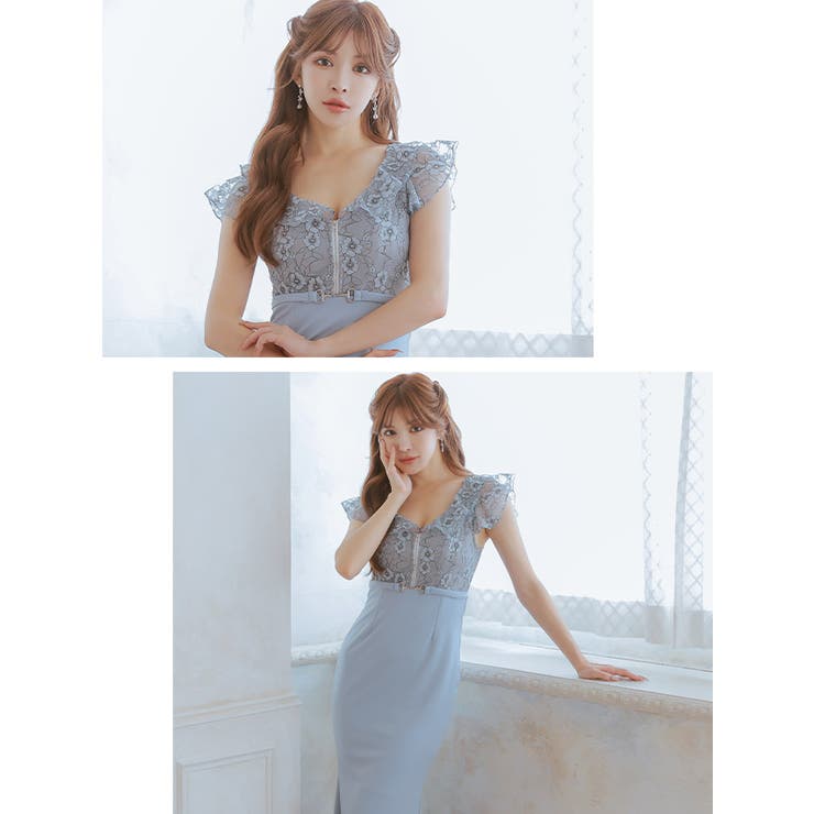 フラワーレースフロントハーフジップエレガントロングドレス エレガントドレス 袖なし | Tika | 詳細画像2 