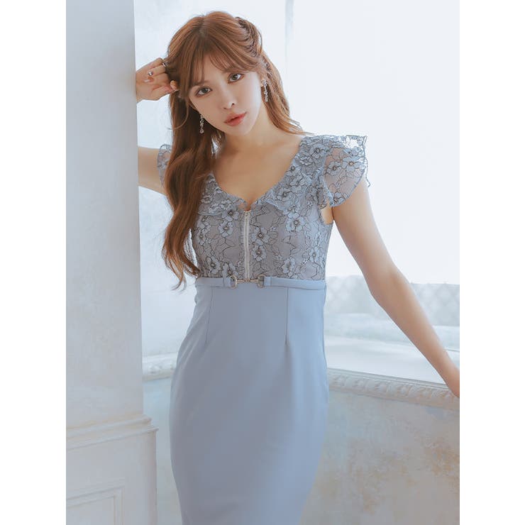 フラワーレースフロントハーフジップエレガントロングドレス エレガントドレス 袖なし | Tika | 詳細画像3 